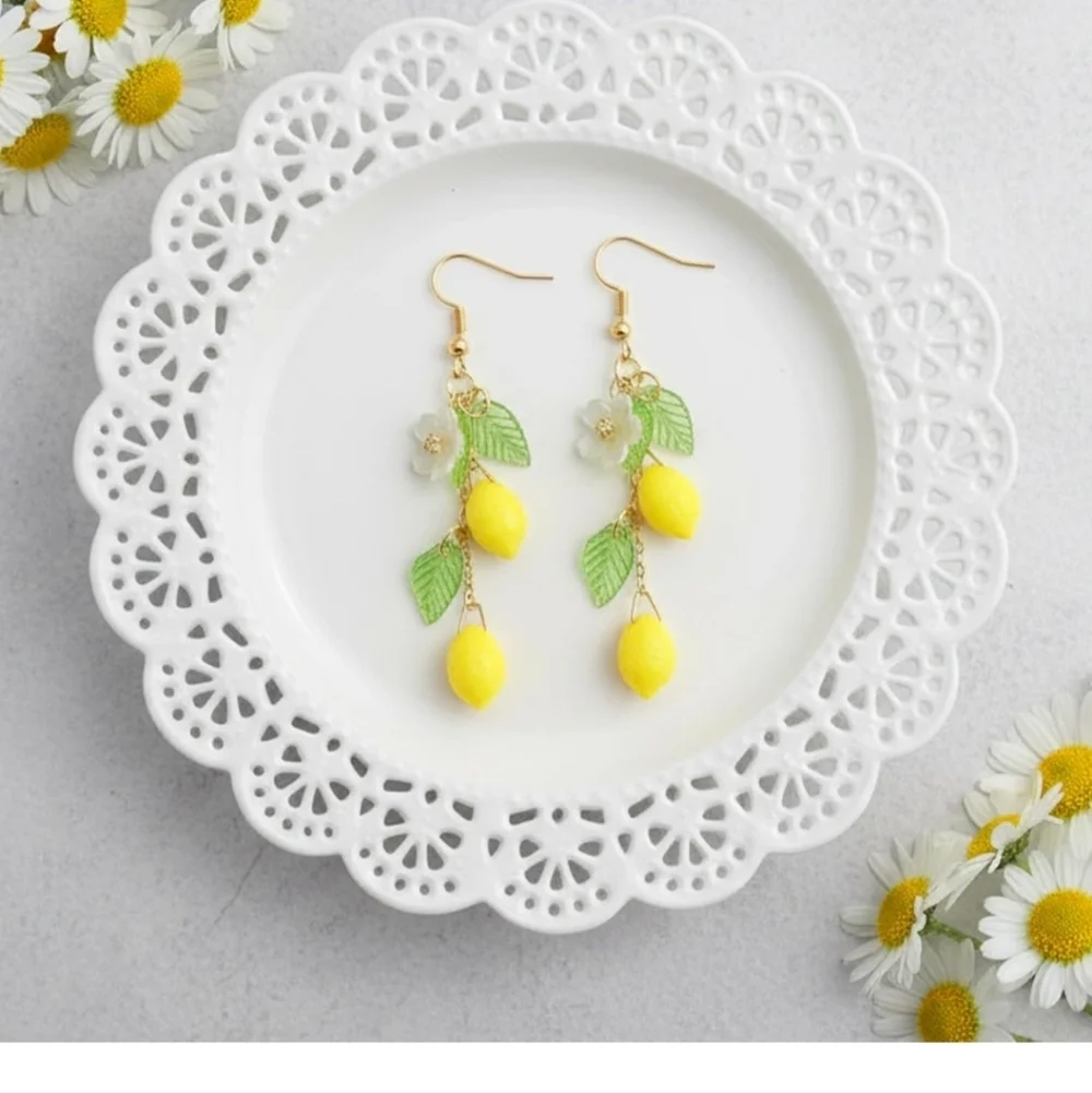 Lemon Drop Earrings with Green Leaves